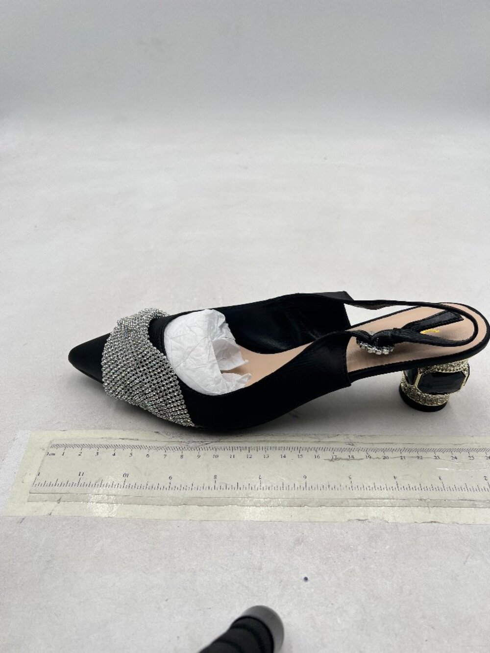 XYD Black Pointed Toe Slingback Sandals Sparkly Rhinestones Bows Crystal Heel Bu